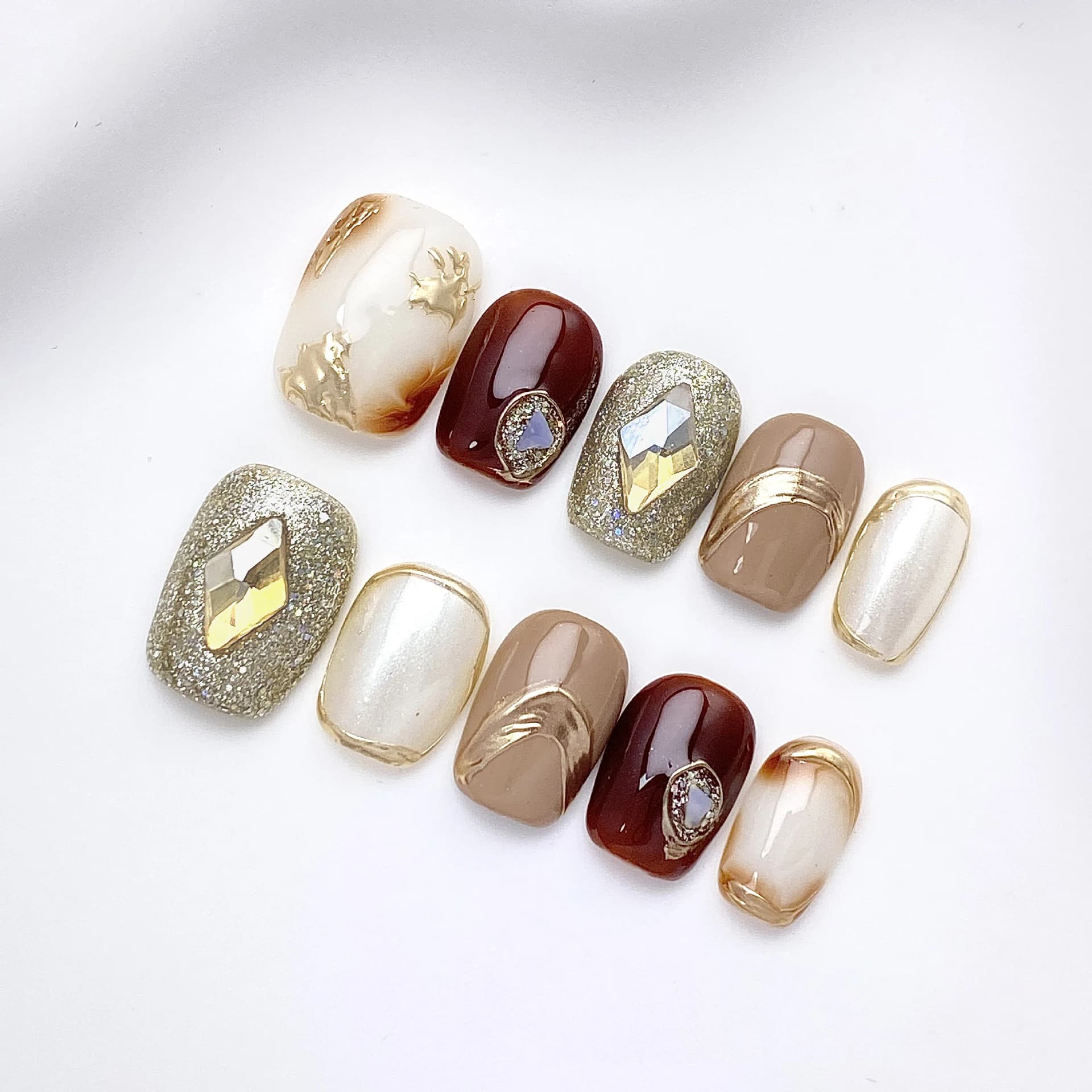 10Pcs Handmade Brown Glitter Press on Nails Square Round Head Fake Nails Diamond Wearable False Nails Tips Full Cover Fake Nail