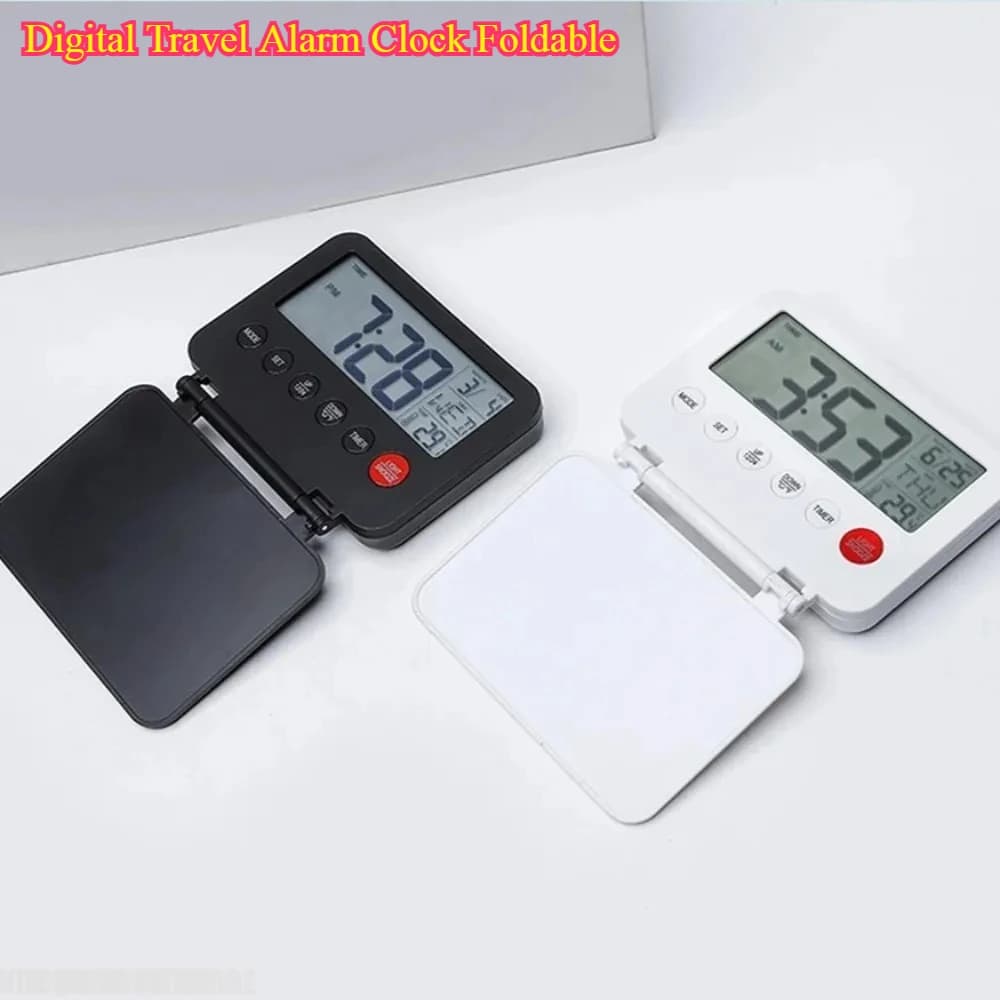 Digital Travel Alarm Clock Foldable - with Calendar Backlight Snooze Temperature LCD Thermometer