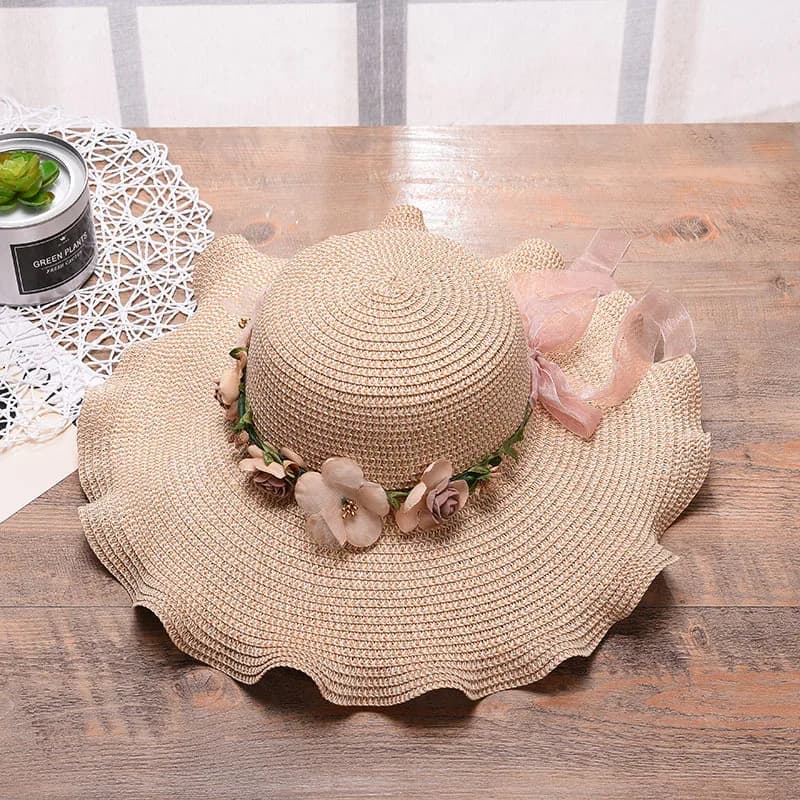 Women's Big Wave Flower Straw Hat Summer Outdoor Beach Sun Hat UV Protection Sunscreen Visor Cap for Vacation Travel Holiday