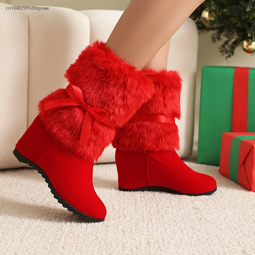 2025 Inverno Natale Moda Stivali da donna con tacco alto Punta tonda rossa Stivali rialzati con fiocco dolce Stivali da festa di Natale Capodanno