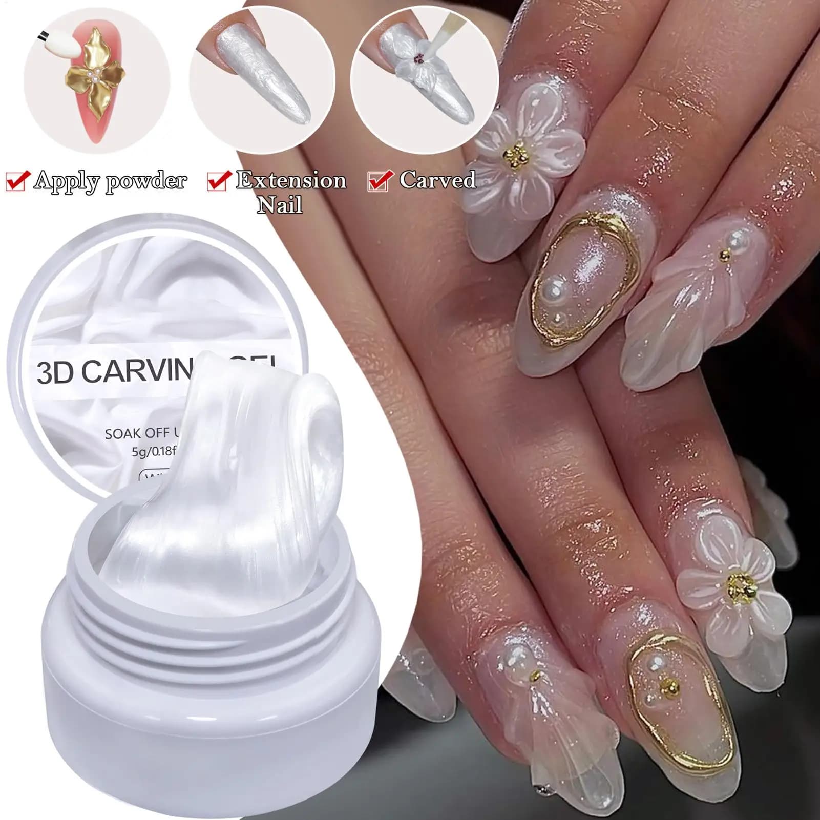 Gel per modellare le unghie, gel per scolpire 3D perlato da 5 g, gel da costruzione solido, intaglio dell'estensione, cura di bellezza, arte morbida per manicure per salone quotidiano