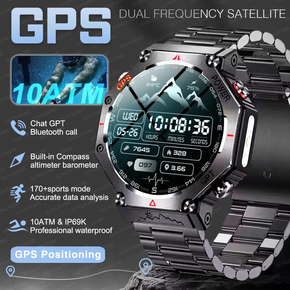 Nuovo Smartwatch GPS di Grado Militare 2026 per Uomo, Impermeabile 10ATM, con Bussola, Altimetro, Barometro, Display AMOLED HD, Chiamate e Funzioni Sportive