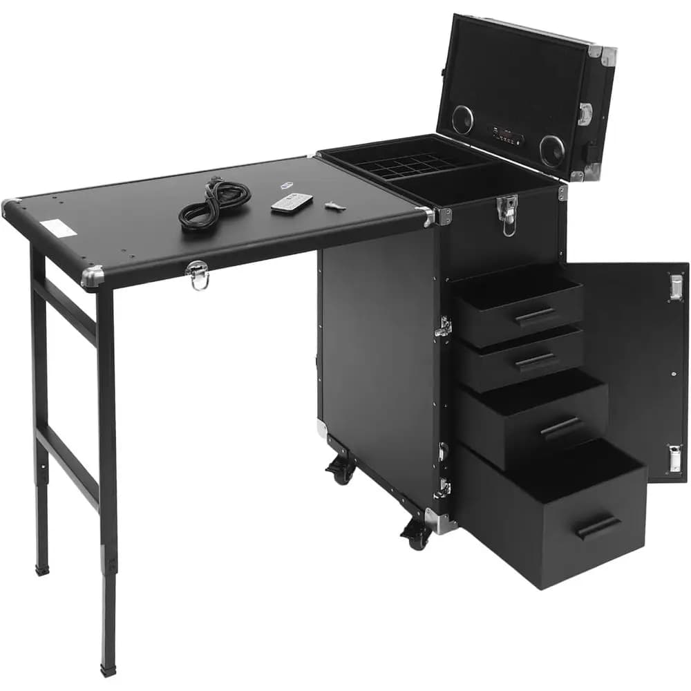 Tavolo Portatile per Manicure con Ruote, 4 Cassetti, Specchio e Altoparlante - Organizer da Viaggio Nero per Manicure