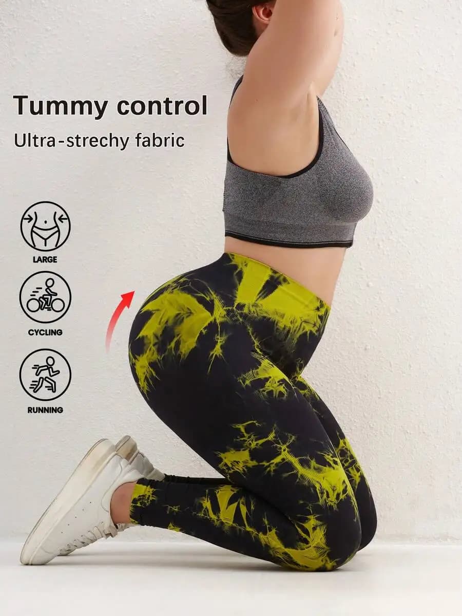 Plus Size Sport Studio Tie-Dye Wide Waist Yoga Leggings Black Spring Sports