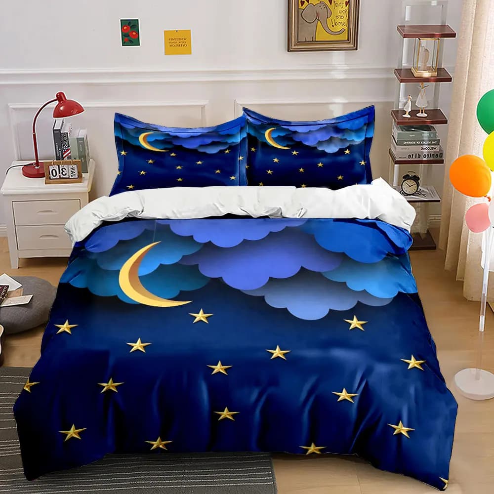 Set copripiumino con motivo stelle dorate sotto il cielo della luna crescente, set copripiumino con stampa digitale, biancheria da letto colorata in poliestere con chiusura a cerniera