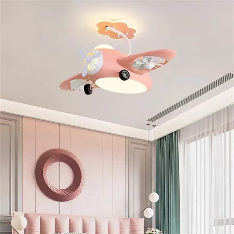 2025 Ventilatore da soffitto per aereo con lampada Ventilatore elettrico creativo Illuminazione per camera da letto Protezione per gli occhi Decorazione della stanza della ragazza Lampada rosa carina con Fa