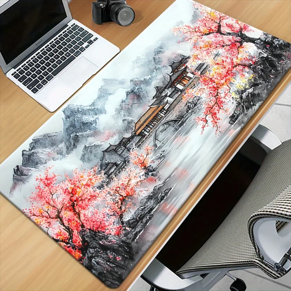 Tappetino per mouse XXL Ink Plum Blossom Architecture da 1 pezzo, tappetino da scrivania in gomma antiscivolo, tappetino per computer da ufficio e gaming