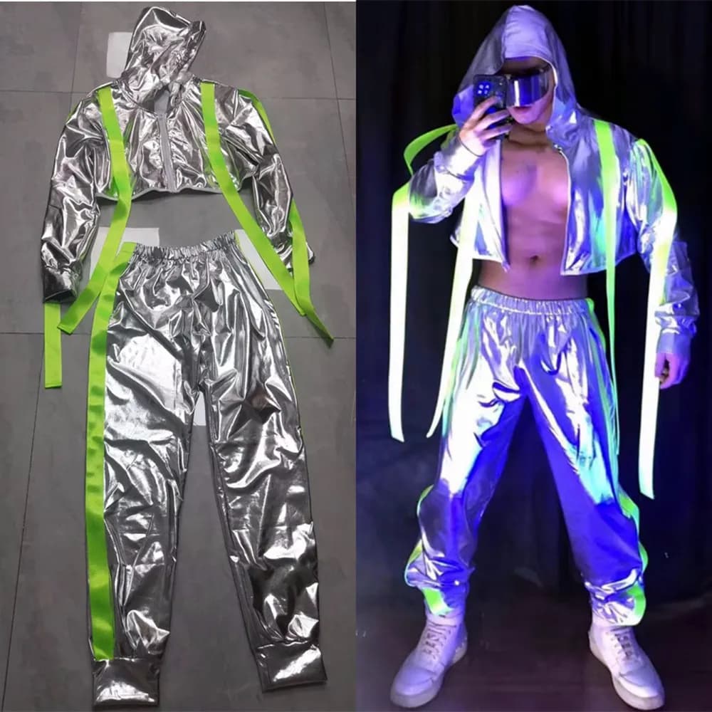 Costume da ballo hip hop jazz per gruppo di ballerini maschili, giacca con cappuccio in pelle verniciata argento, pantaloni, outfit da rave, abbigliamento da palcoscenico per performance.