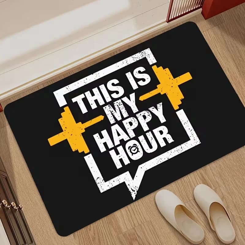 Tappeto d'ingresso a tema fitness con stampa divertente 'This Is My Happy Hour' e citazione sulle pesi da palestra, morbido e antiscivolo per casa e palestra