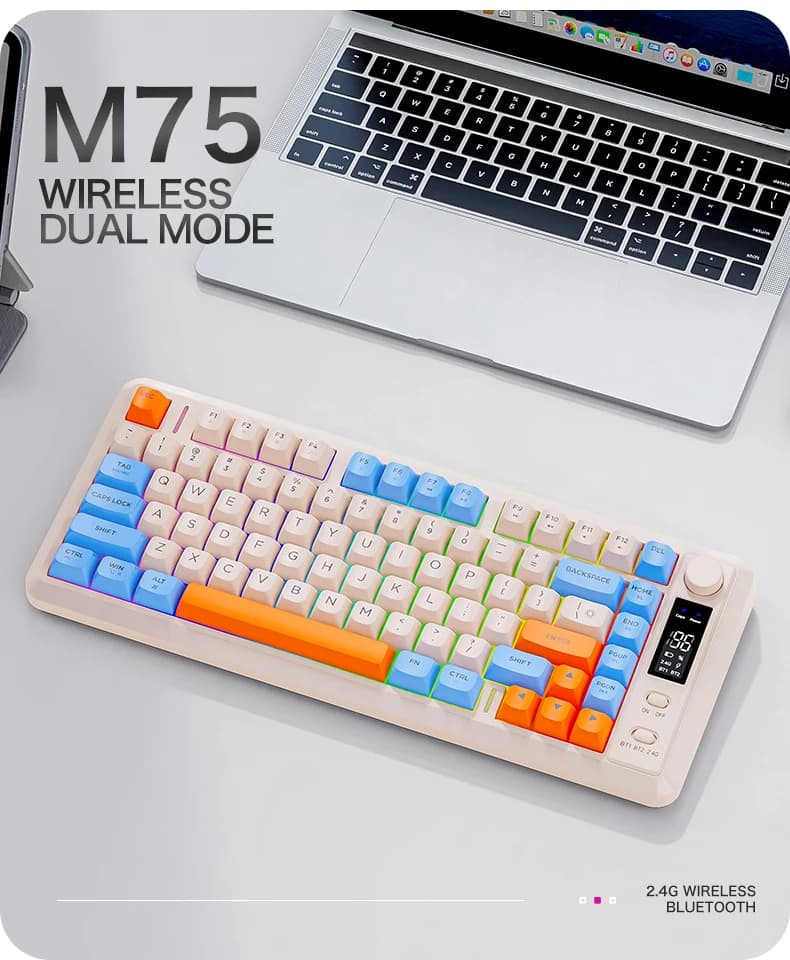 Manopola in metallo per tastiera con schermo FREEWOLF M75, modalità Bluetooth wireless, adatta per giochi e uffici.