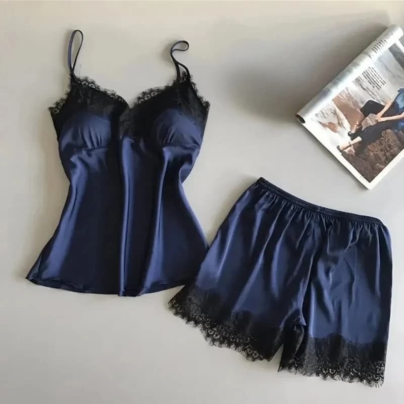 Indumenti da notte di moda Lace Trim Raso Cami Top Pigiama Set Sexy Hot Erotic Home Wear Pigiama da donna Indumenti da notte da donna Cinturino senza maniche