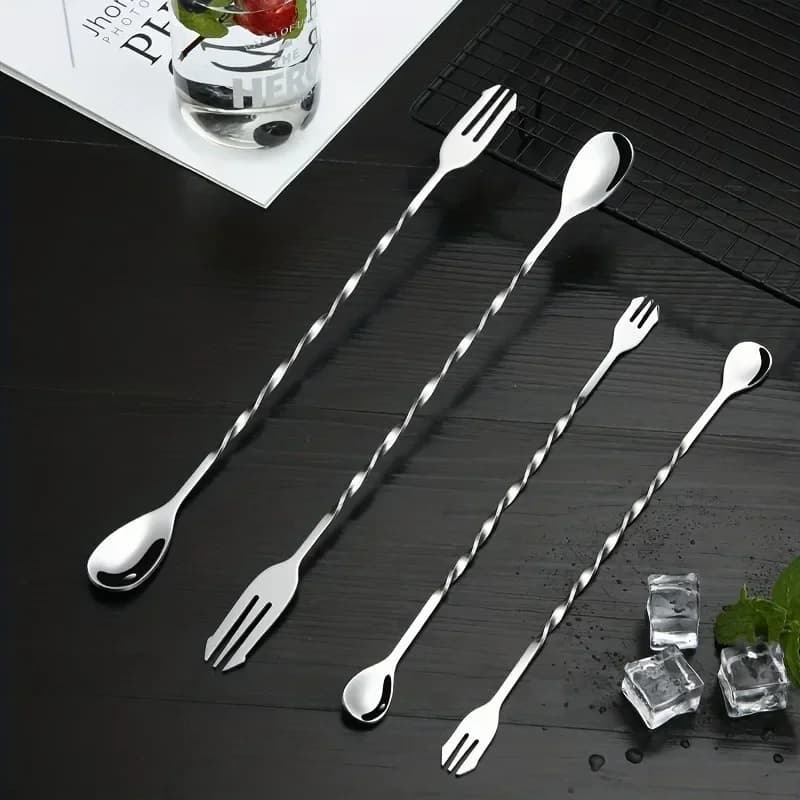 1pc Stainless steel bar spoon, double headed spiral mixing spoon fork, long handled cocktail, juice shaker spoon, and bar tools