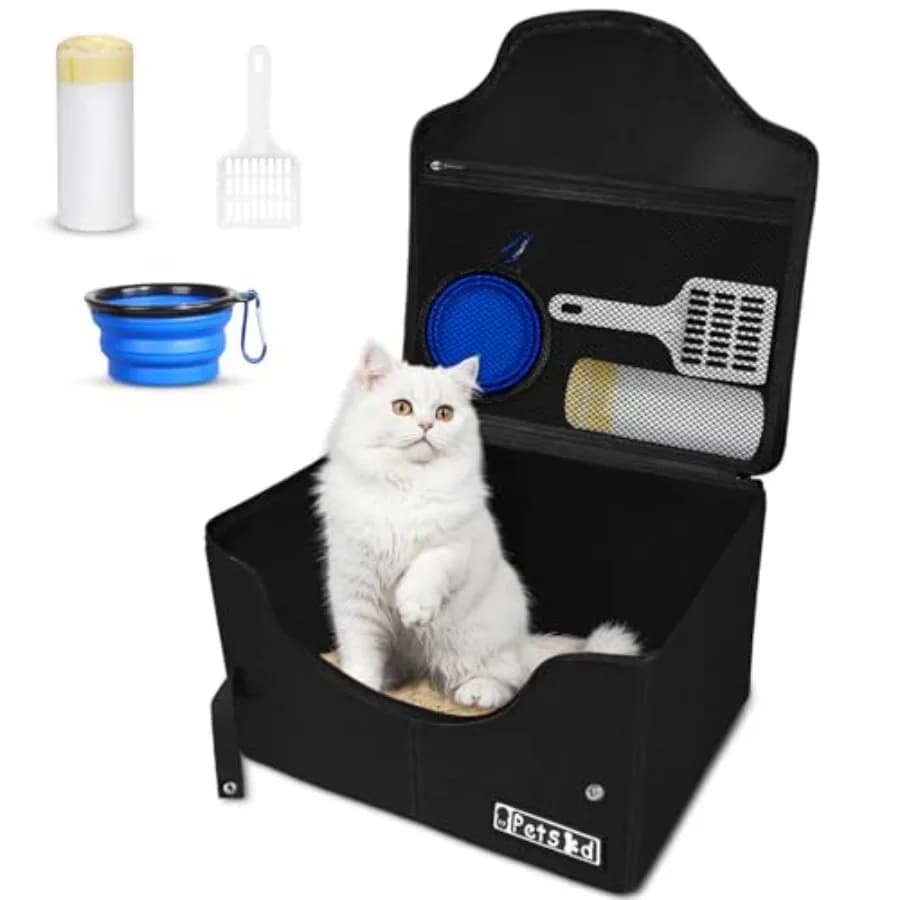 High Sides Portable Travel Litter Box for Cats with Lid and 10 pcs Liner Bags, Light Weight and Leak-Proof for Road Trips, Hote