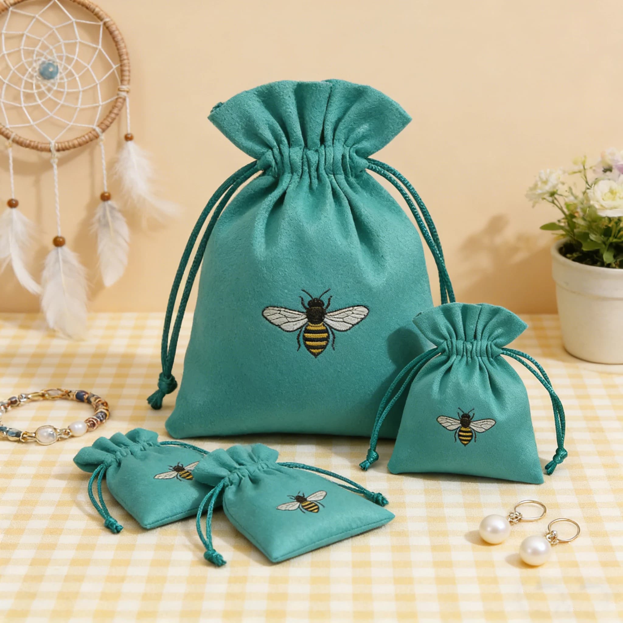 100 Pezzi Sacchetti in Velluto Verde con Logo Personalizzato, Riutilizzabili, per Gioielli, Collane, Orecchini, Confezioni Regalo in Bulk