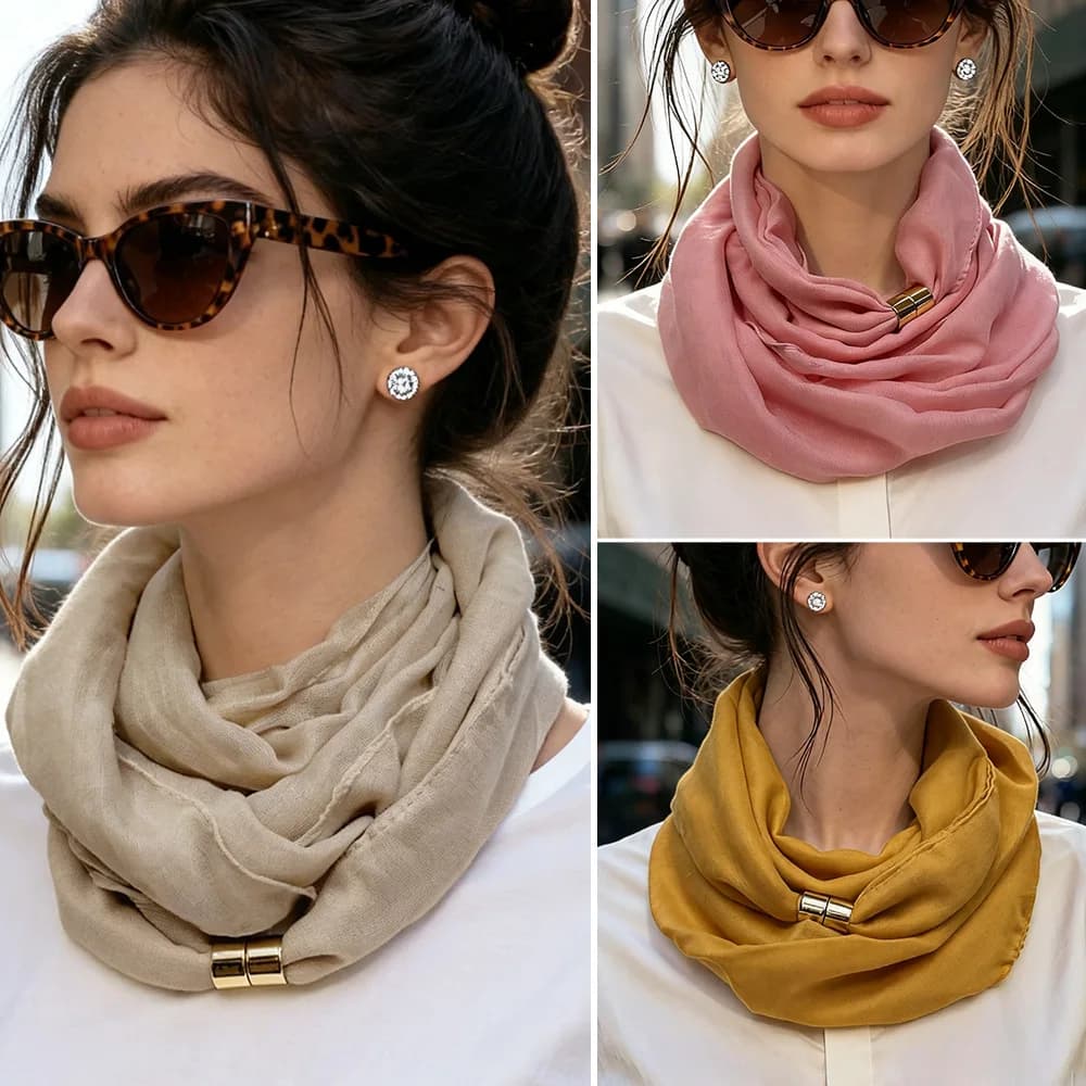 Women Solid Color Voile Scarf With Magnetic Buckle Lightweight Bali Yarn Neck Scarf Multifunctional Magnet Clasp Neck Gaiter