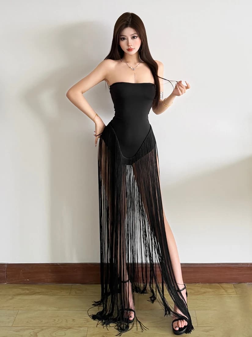 SylCue Abito Aderente a Maniche Lunghe in Misto Poliestere con Design Sexy a Frange, Top Corto Snellente e Vita Alta per Danza Latina
