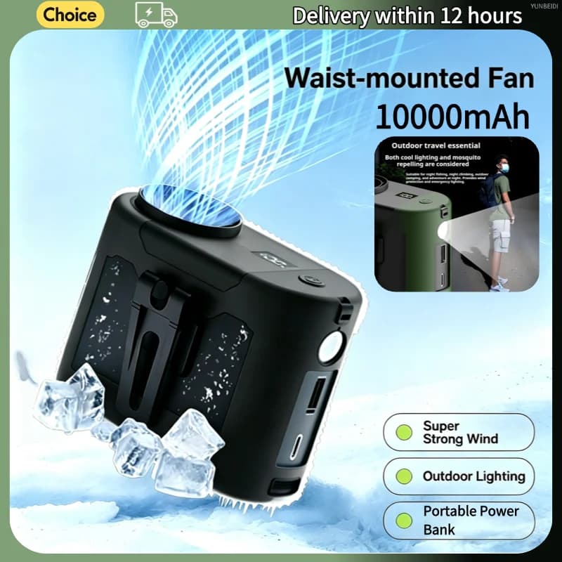 Ventilatore Portatile da Cintura con 5 Velocità, Mini Ventilatore USB Ricaricabile con Luce LED, Ventilatore da Collo/Cintura per Esterni 10000mAh