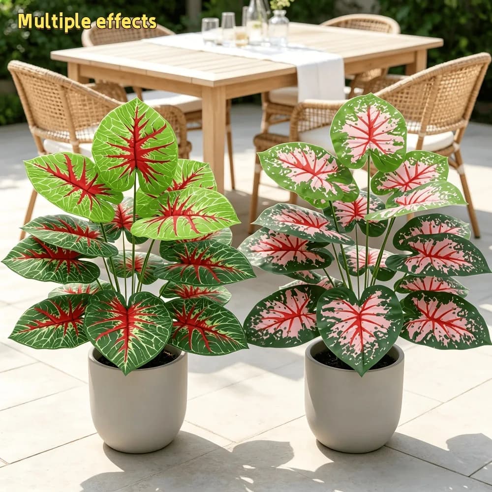 2PC Artificial Green Plants Pink and Red Heart Taro Leaf Combination Nordic Style Floor Potted Plants for Home Living Rooms