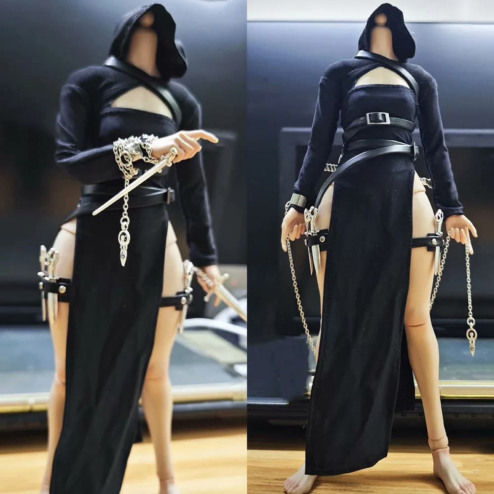 1/6 Set di vestiti assassino femminile Indumenti da notte con cappuccio neri Abito sexy con spacco alto con seno scavato con arma per 12 "Action Figure