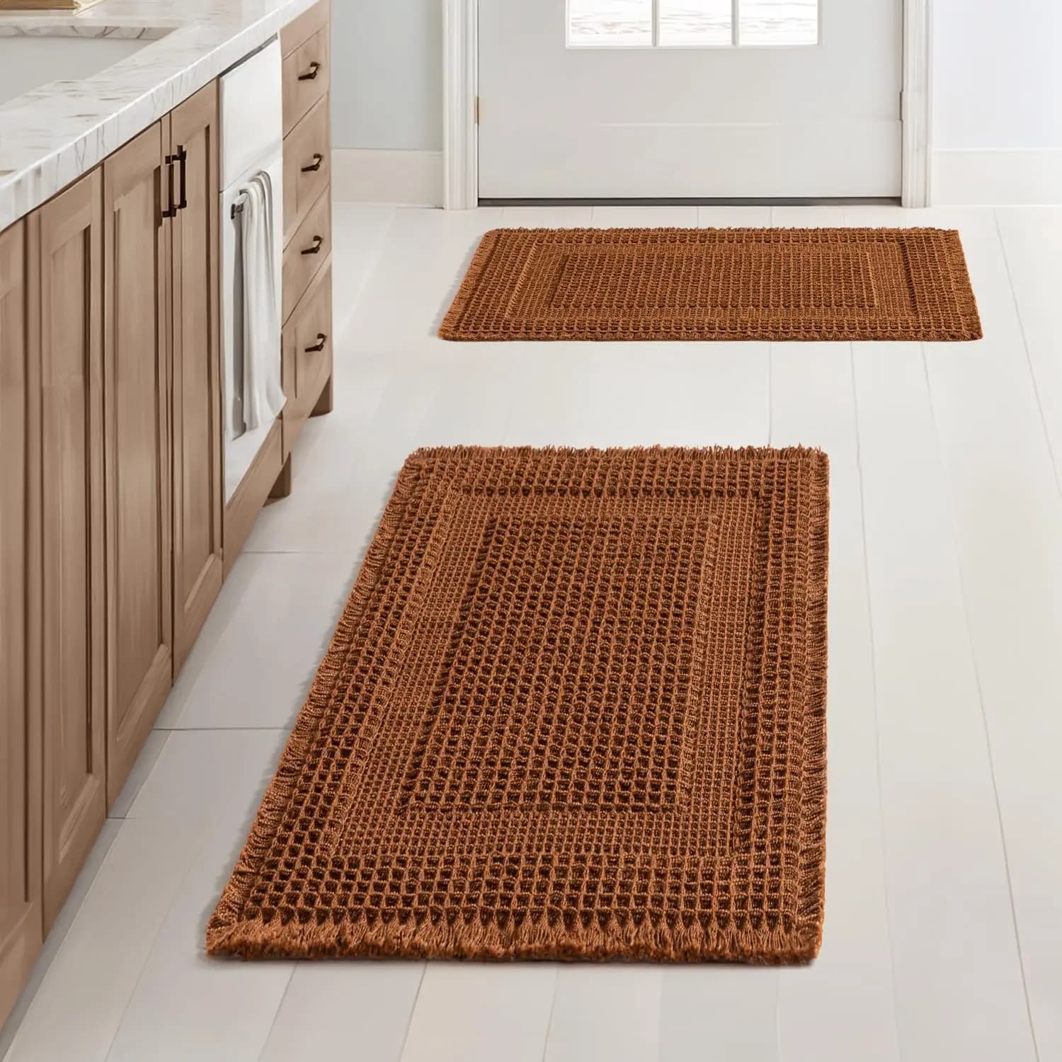 Set di 2 Tappetini da Bagno Effetto Waffle, Tappeto da Bagno Boho Super Assorbente, Antiscivolo, Lavabile, Ultra Morbido con Base in Gomma
