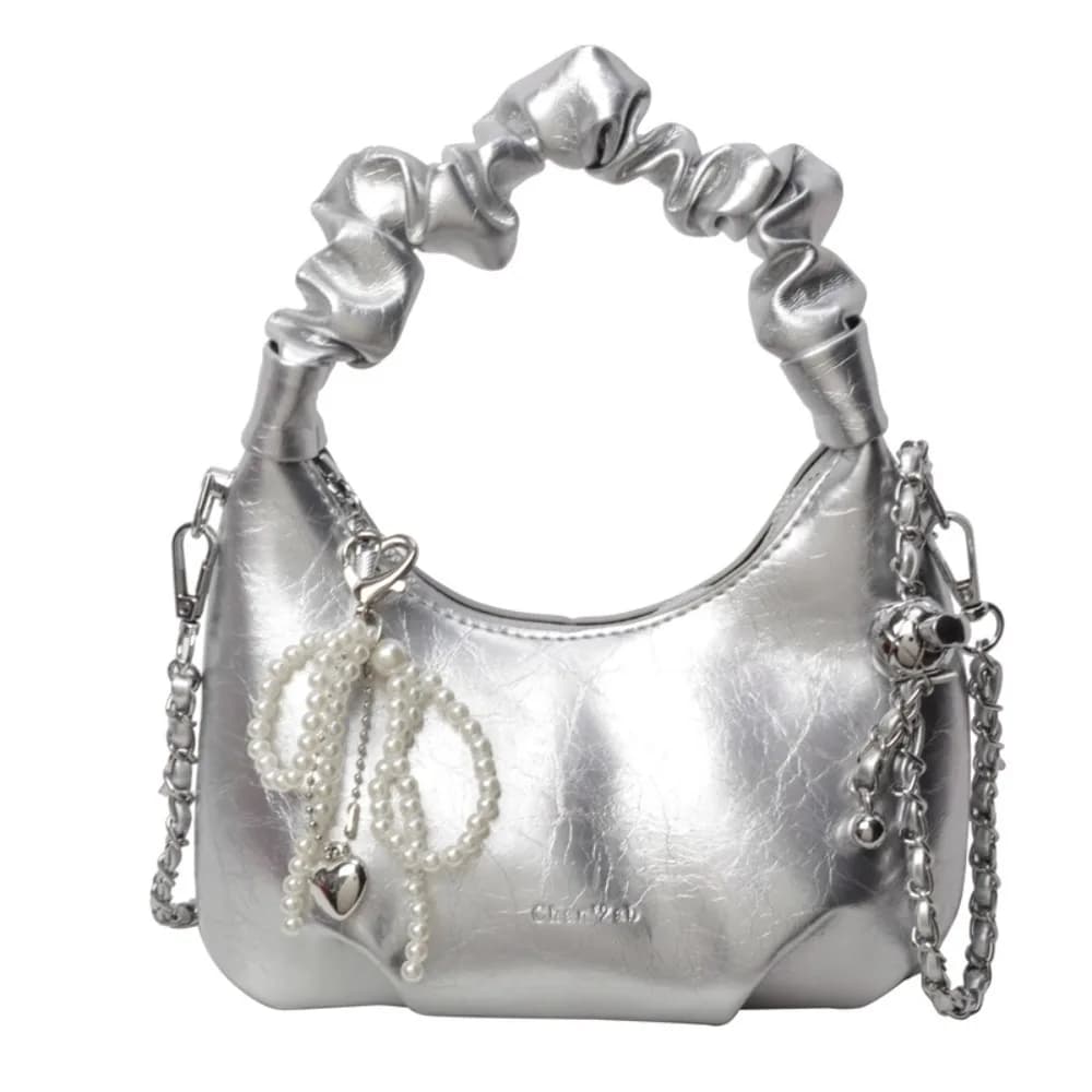 Fashion Pleated Handle Design Underarm Bags Adjustable Strap Pu Leather Shoulder Bag Y2K Pearl Bow Handbag Women