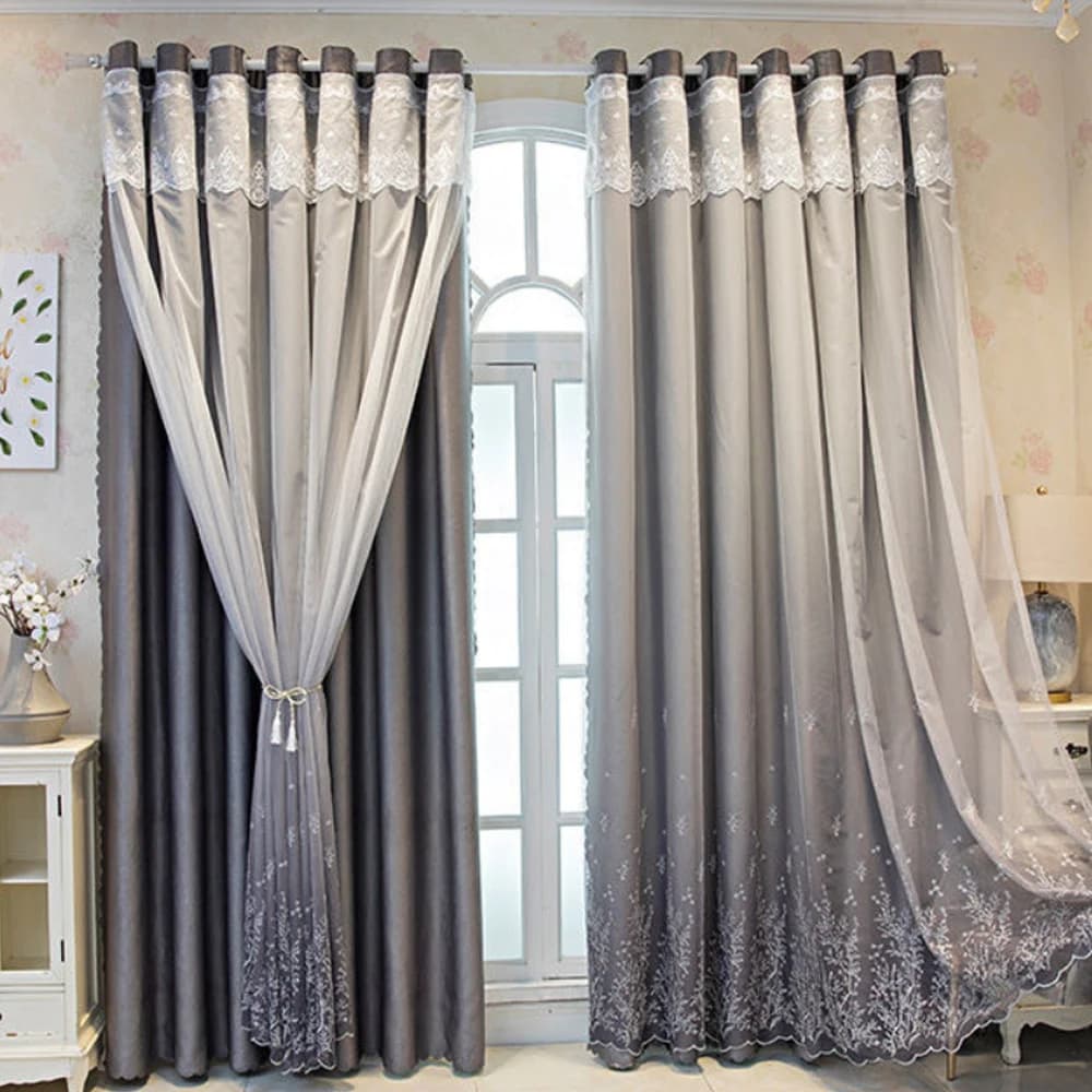 French Luxury Silver Color Silk Embroidered Blackout Curtains, Double Layer Lace Window Drapes for Living Room & Balcony