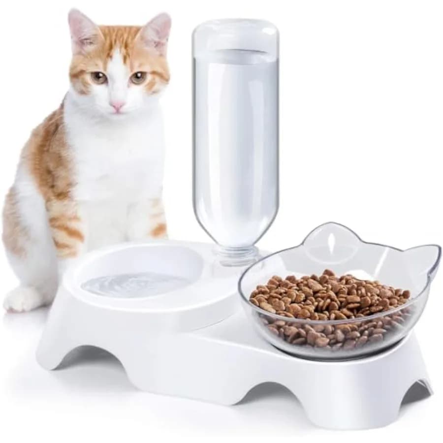 Ciotole Doppie per Cani e Gatti - Set di Ciotole per Acqua e Cibo, 15 ° Set di ciotole inclinate per acqua e cibo con bottiglia abbeveratoio automatica per animali di piccola taglia
