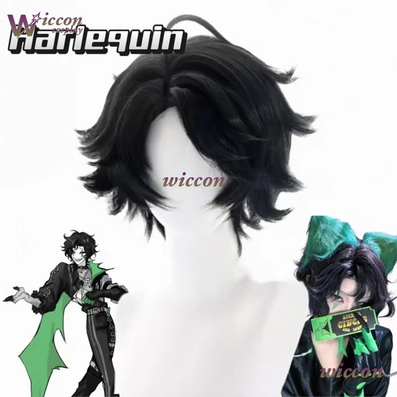 Complete Wig for Cosplay by Mag The Freak Circus Pierrot Clown, Harlequin Wig, Black Hair for Men and Women, Halloween Coating