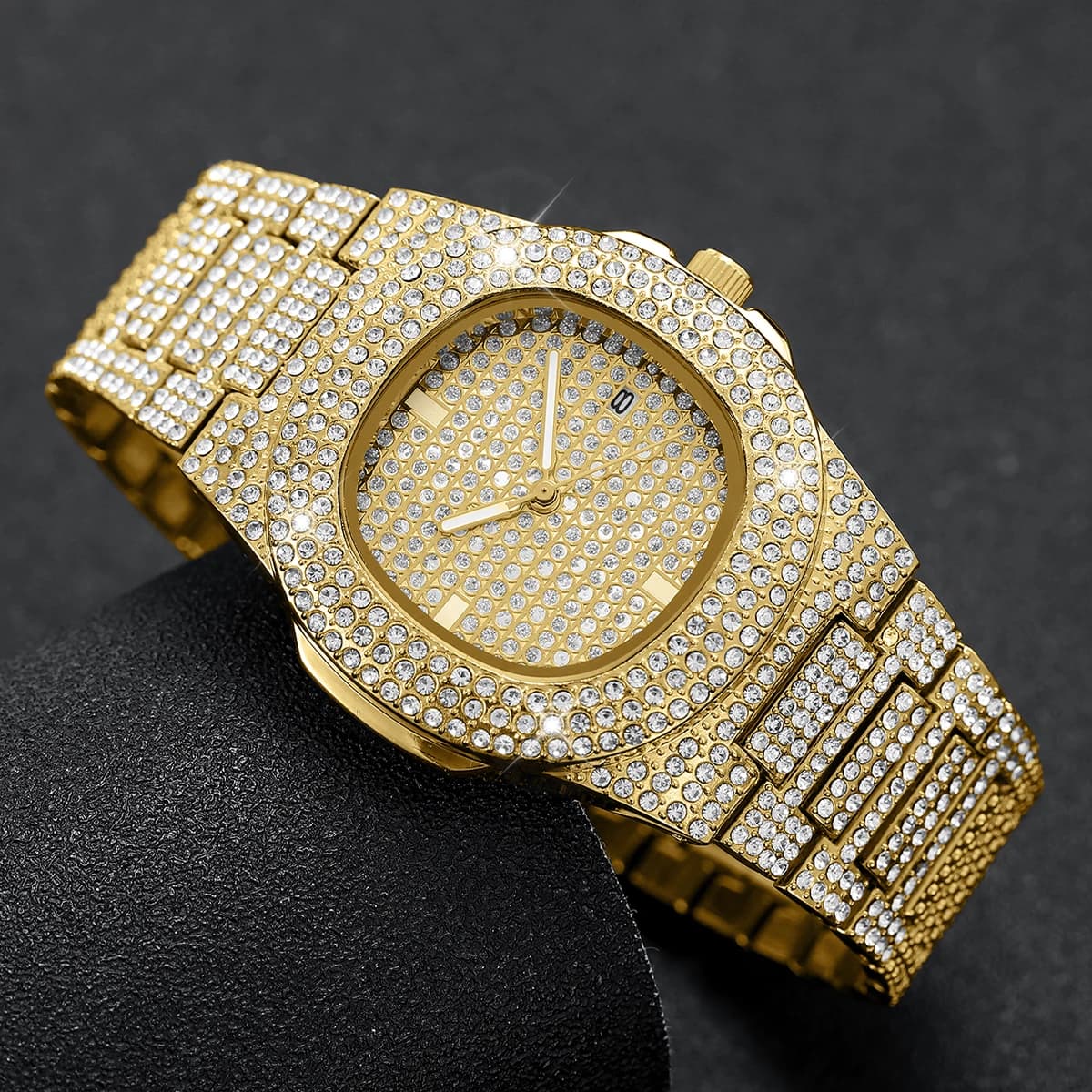 Orologi da uomo di lusso in acciaio inossidabile con diamanti, orologio da polso sportivo al quarzo con calendario
