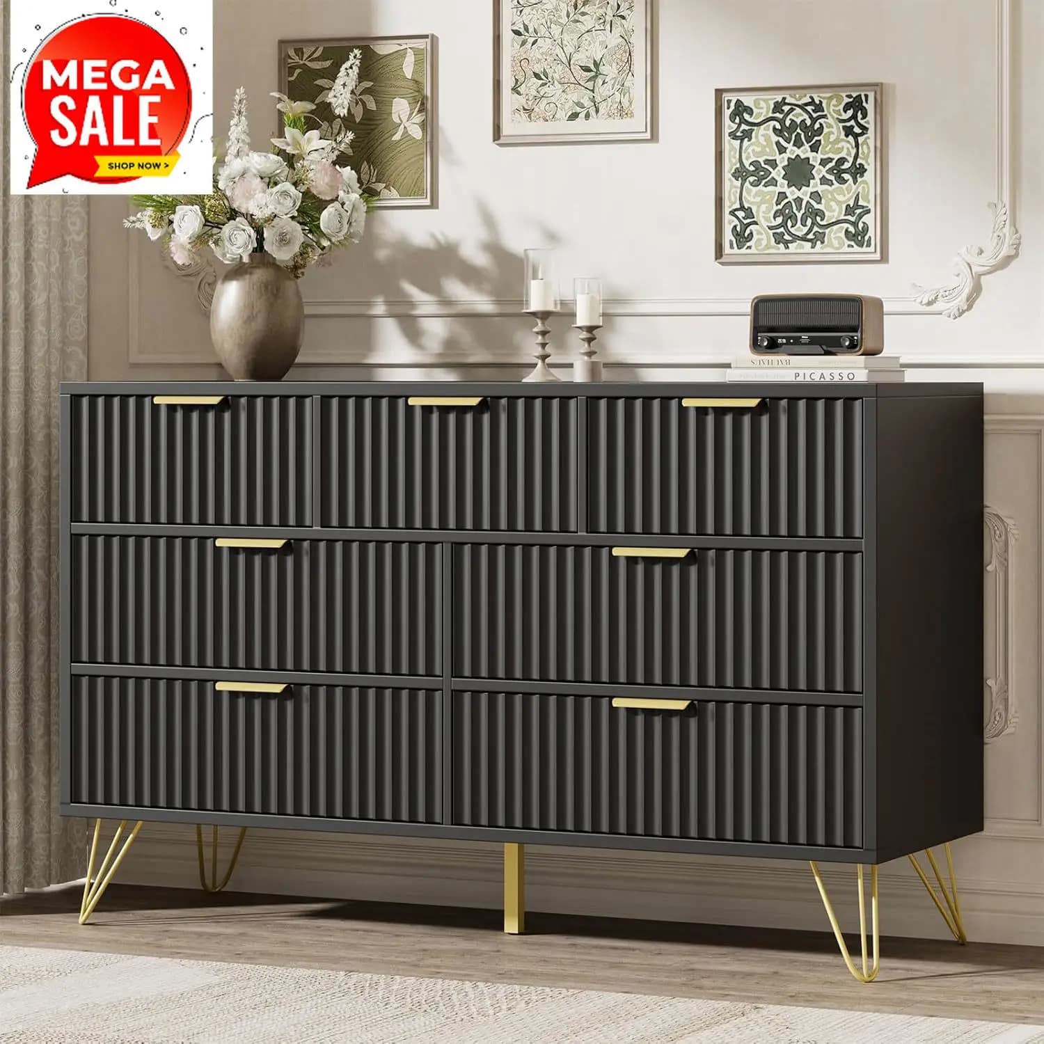 Cassettiera Nera Scanalata con Maniglie Dorate, Cassetti Larghi, Mobile in Legno per Camera da Letto e Corridoio