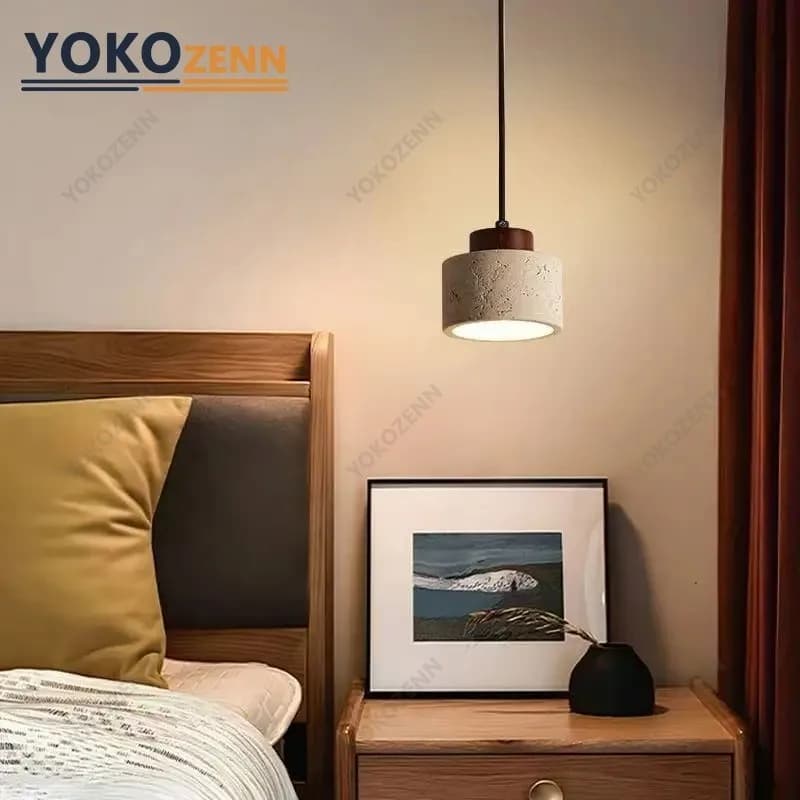 Japanese Vintage Style YOKO Suspension Lamp, Travertine Stone Pendant Light for Bedroom, Bedside Table, Kitchen Island, Home Furniture