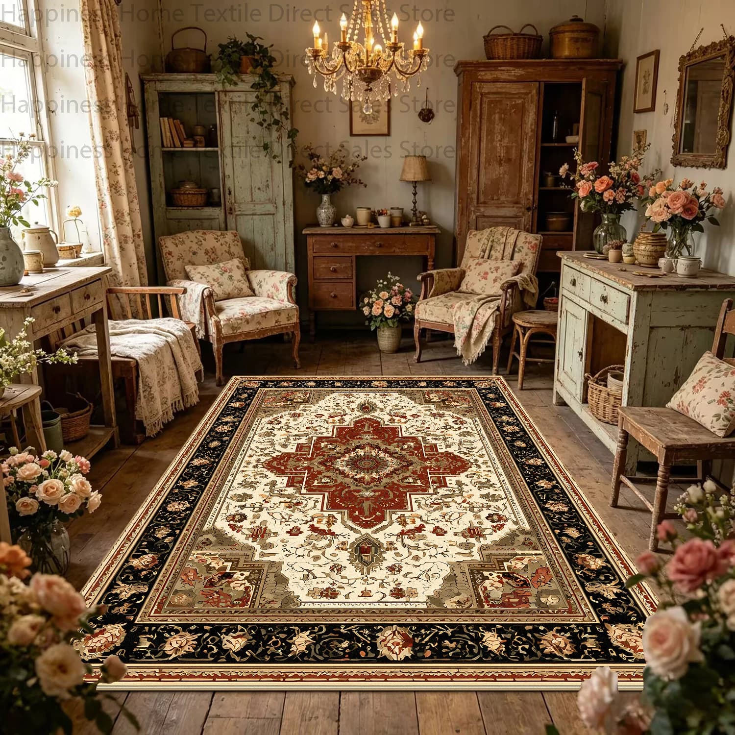 Persian Retro Geometric Style Living Room Brown Carpet Non-slip Washable Home Decoration Rug Soft Plush Bedroom Large Size Mat