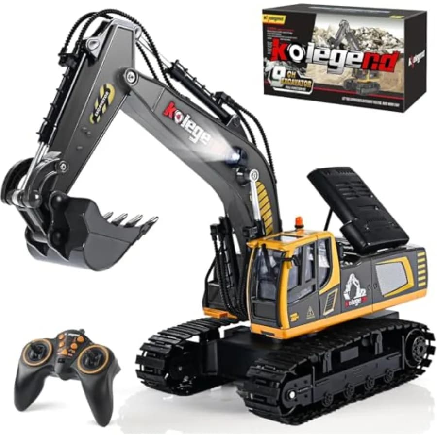 Escavatore RC a 11 Canali con Luci per Ragazzi, Camion da Costruzione Telecomandato, 2 Batterie Incluse, Blu e Giallo