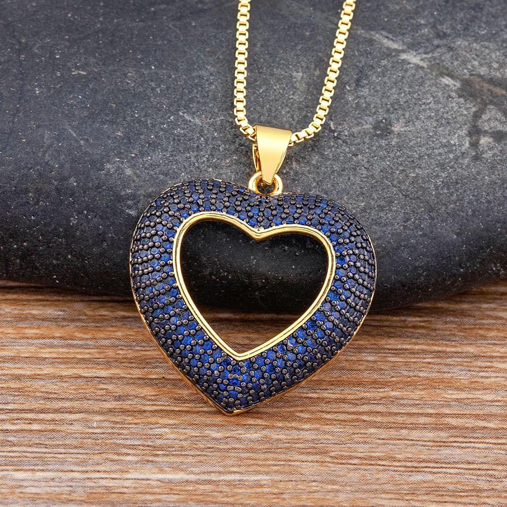 Nidin Top Quality 4 Colors Heart-Shaped Hollow Crystal Zircon Pendant Link Chain Necklace Women's Charm Jewelry Anniversary Gift