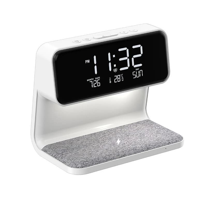 Lampada da scrivania con sveglia e ricarica wireless 3-in-1, orologio da tavolo a ricarica rapida, luce notturna multifunzione