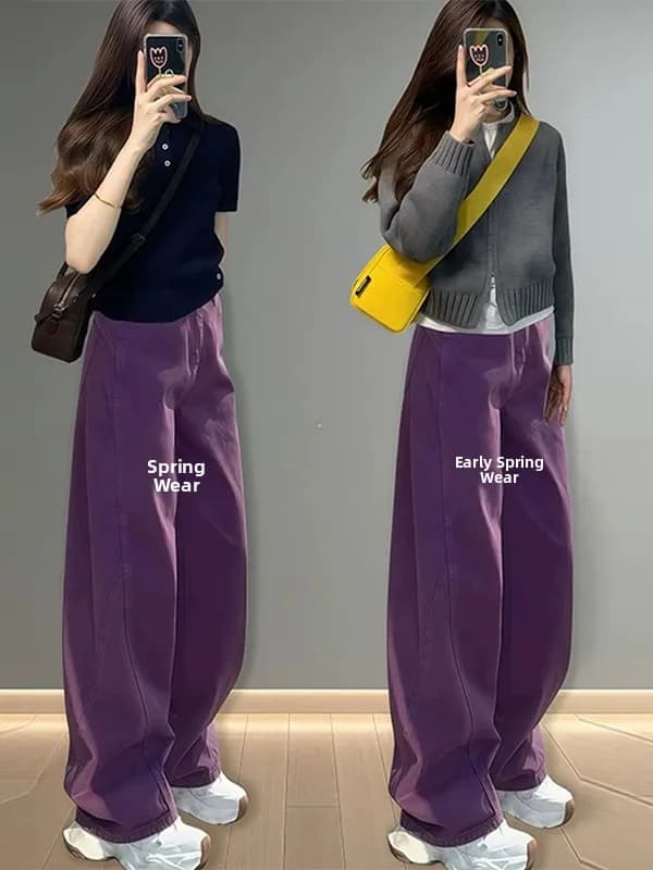 plus Size Purple Knife Denim Jeans High Waist Wide Leg Loose Fit Floor Length Pants for Women Autumn Casual Style