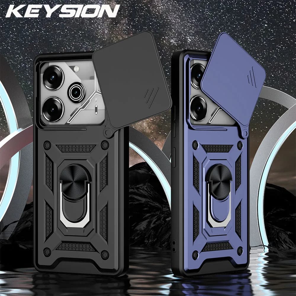 KEYSION Shockproof Armor Case for TECNO Pova 6 Pro 5G Slide Camera Lens Protection Metal Ring Stand Phone Cover for POVA 6 Neo
