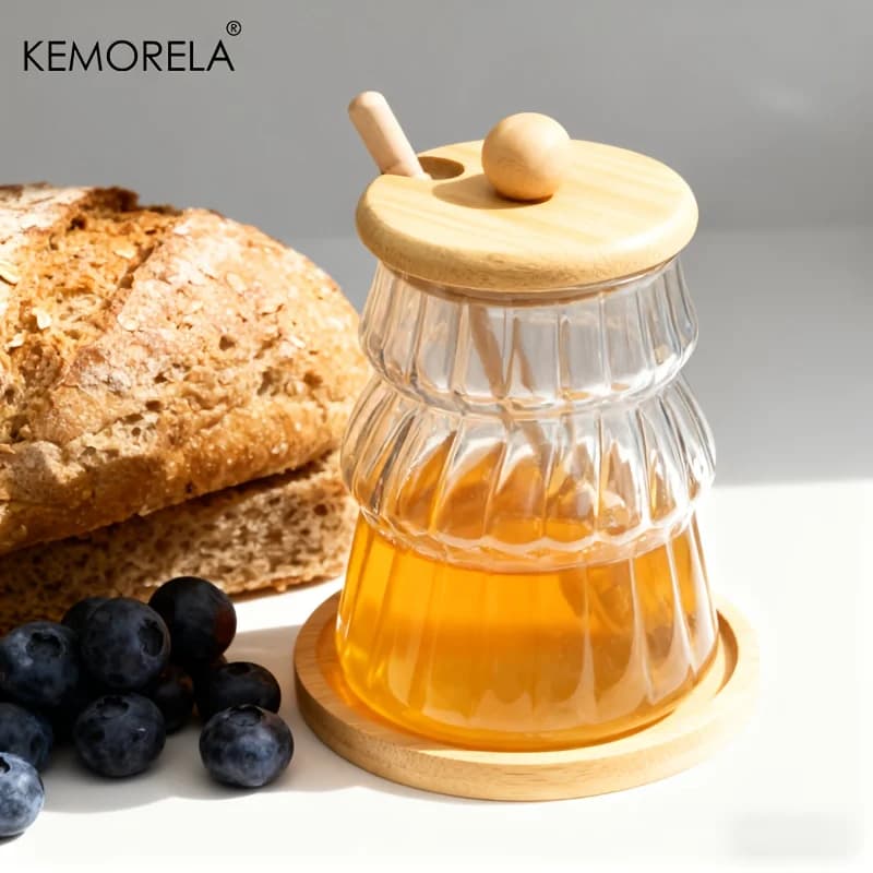 KEMORELA Set di barattoli per miele da 1/2 pezzi con bastoncino in legno e coperchio in vetro per contenitore per lo sciroppo da cucina