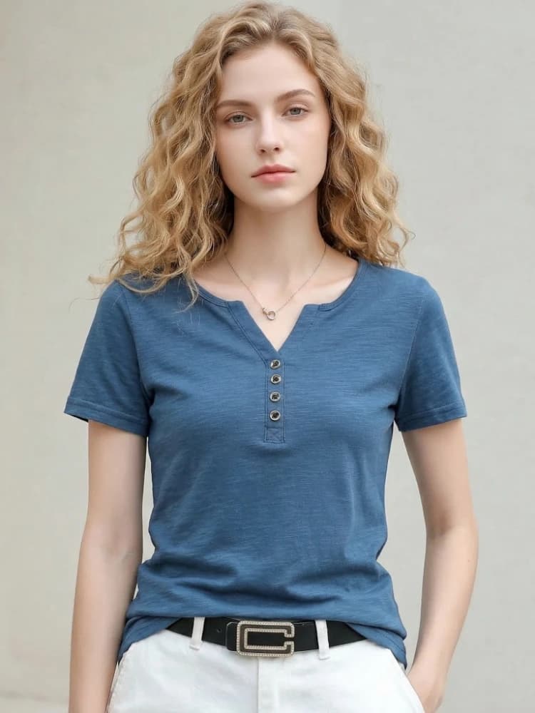 Zjaiss T-shirt da donna in cotone tinta unita con scollo a V e maniche corte, stile coreano, casual, con bottoni decorativi, nuova collezione estate 2026