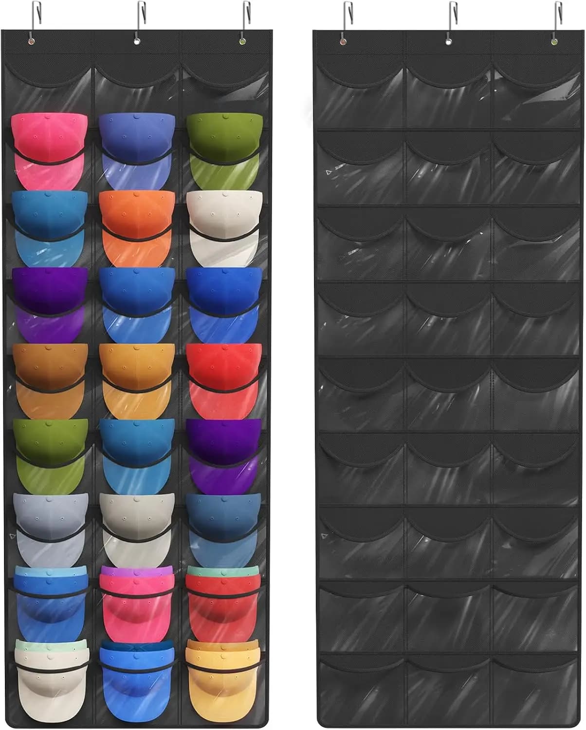 Organizzatore per Cappelli con 27 Tasche Profonde Trasparenti per Cappellini da Baseball, Porta Cappelli da Appendere con 3 Ganci, Rastrelliera per Porta