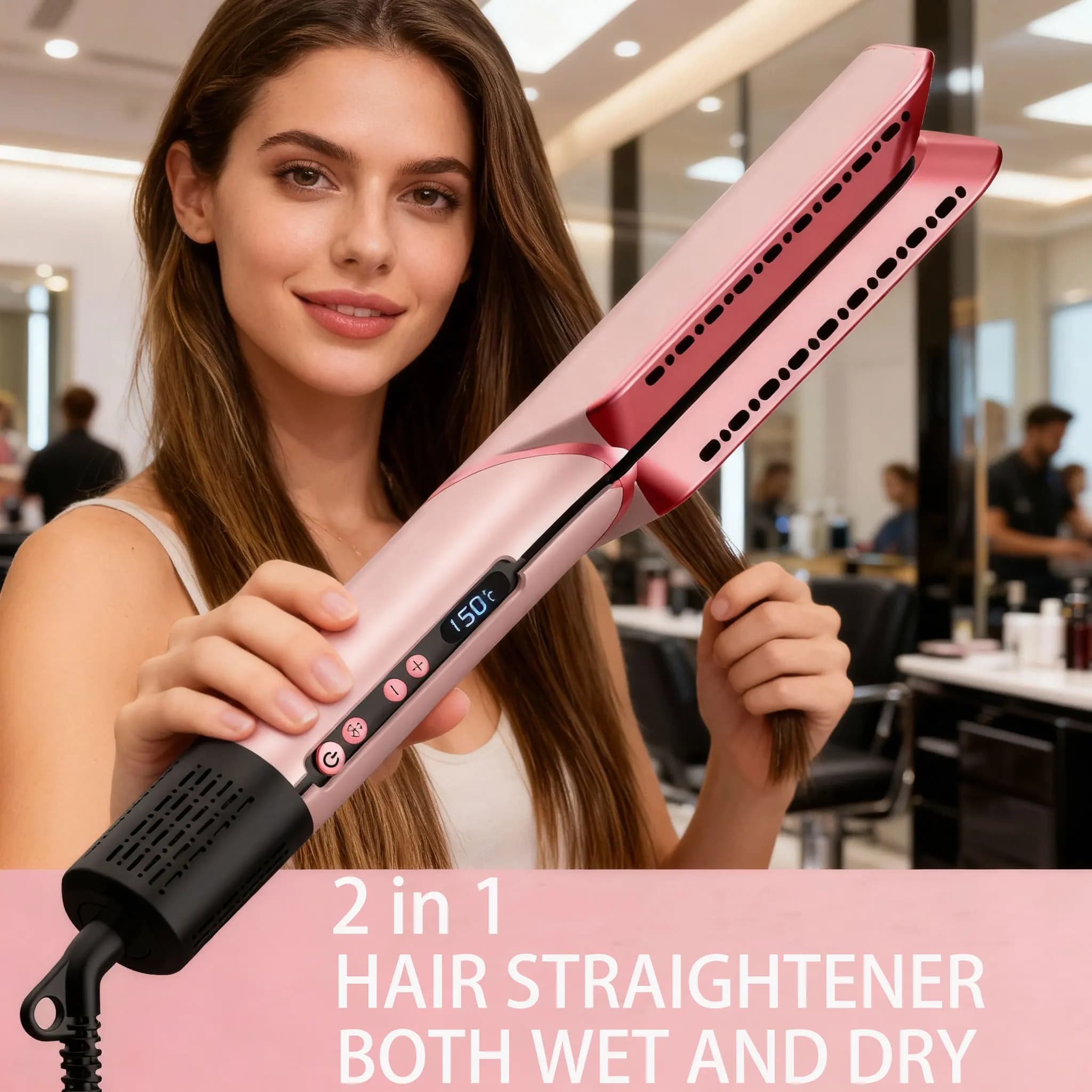 Professional 2 in 1 Hair Straightener & Dryer Dry Wet Use Negative Ion Heating Flat Iron Display Air Styling Straightening Brush