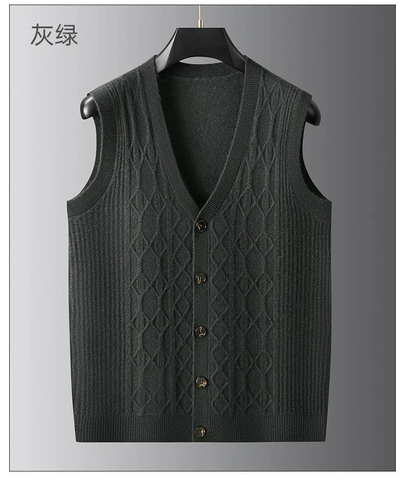 Autumn and winter men's knitted cardigan vest Grandpa sleeveless pure sweater thick needle vest sweater