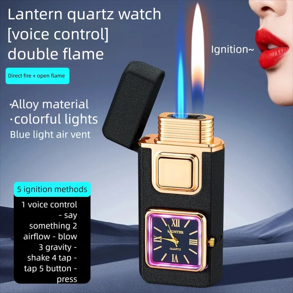 Accendino a doppia fiamma con quadrante in vero quarzo, tecnologia nera di alta gamma, controllo vocale, fiamma aperta gonfiabile a conversione diretta