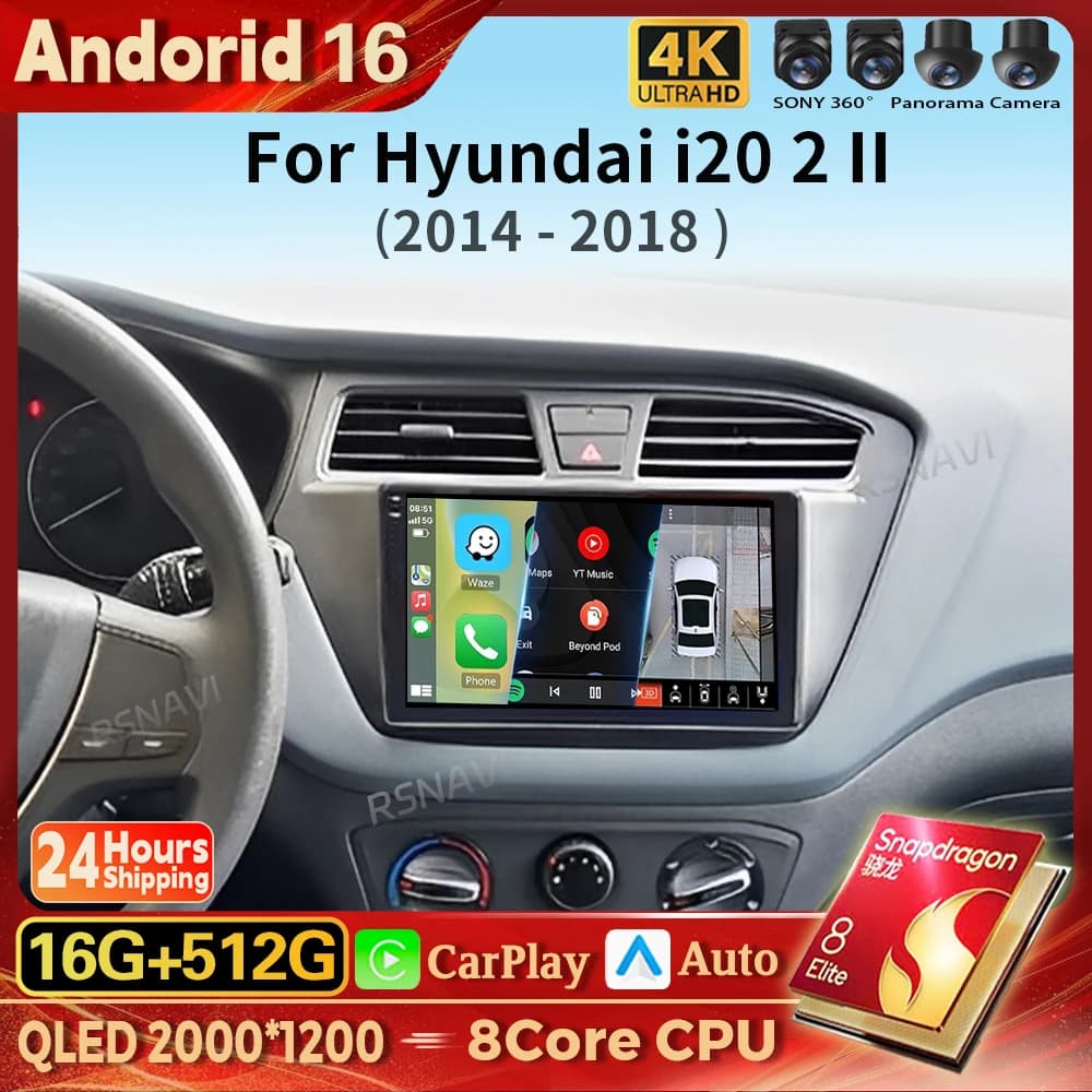 Autoradio Android 16 Carplay Auto con schermo 2K, lettore multimediale video per Hyundai i20 2 II GB 2014 - 2018, 16G-512G