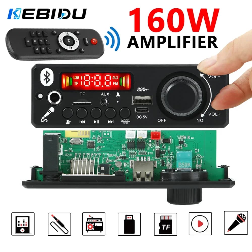 KEBIDU 160W Amplifier Bluetooth 5.0 MP3 Player MP3 Decoding Board DIY Home Audio Speaker Module 6.5mm Mic Knob USB TF FM Radio