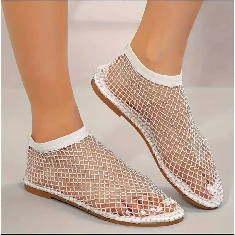 Sandali piatti da donna alla moda Fondo piatto Scarpe da festa piatte romane Sandali con rete da pesca con strass Scarpe firmate leggere da donna