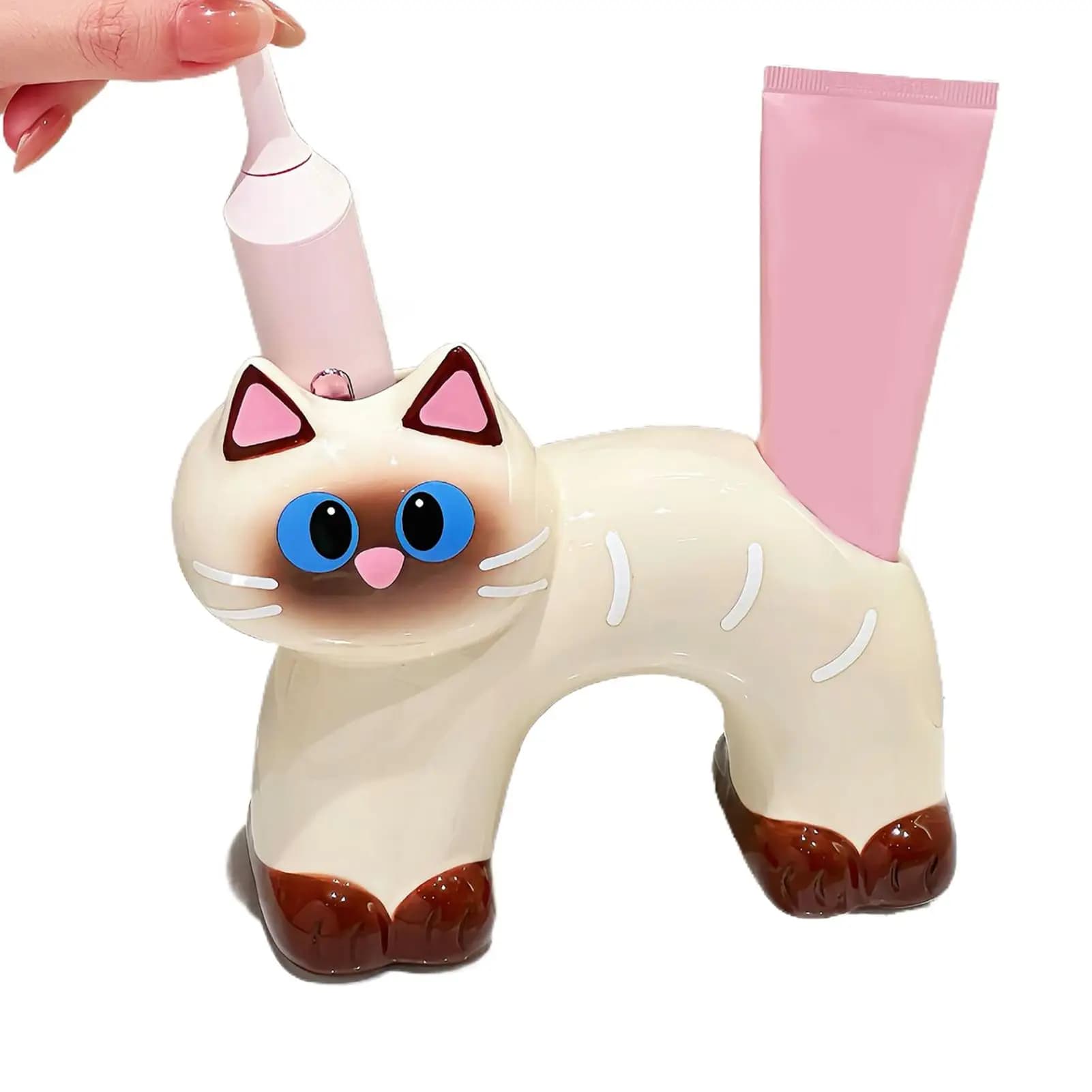 Cute Cat-Shape Ceramic Toothbrush Holder Double Hole Stand for Toothbrush & Toothpaste, Bathroom Countertop Organizer Home Decor