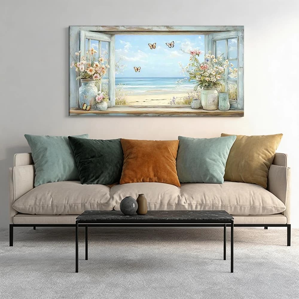 Painted on canvas with large wooden frame, 1 piece, View on the window, pots, butterflies, beach.