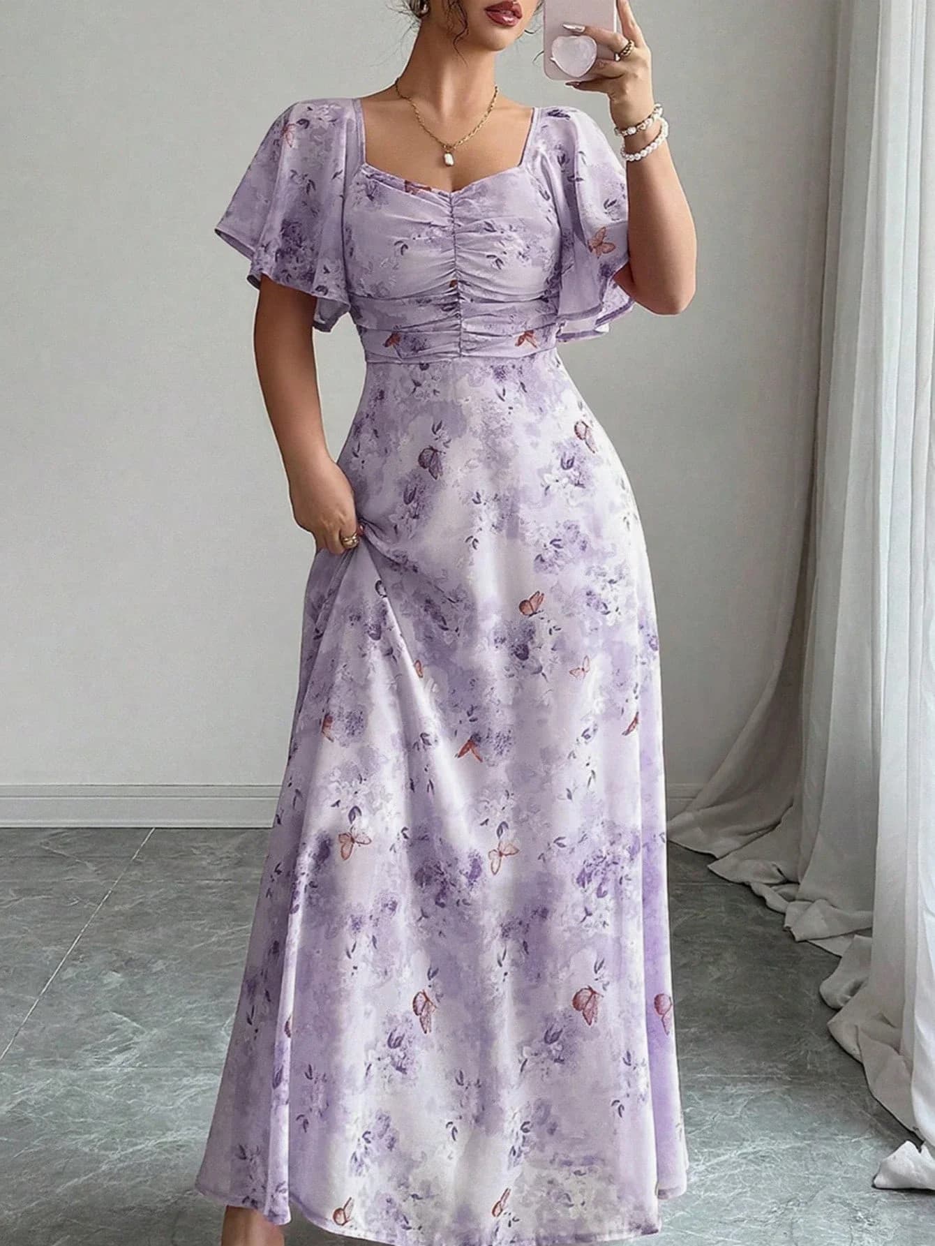 Women Chiffon Butterfly Print Batwing Sleeve Square Neck Ruched Maxi Dress Summer