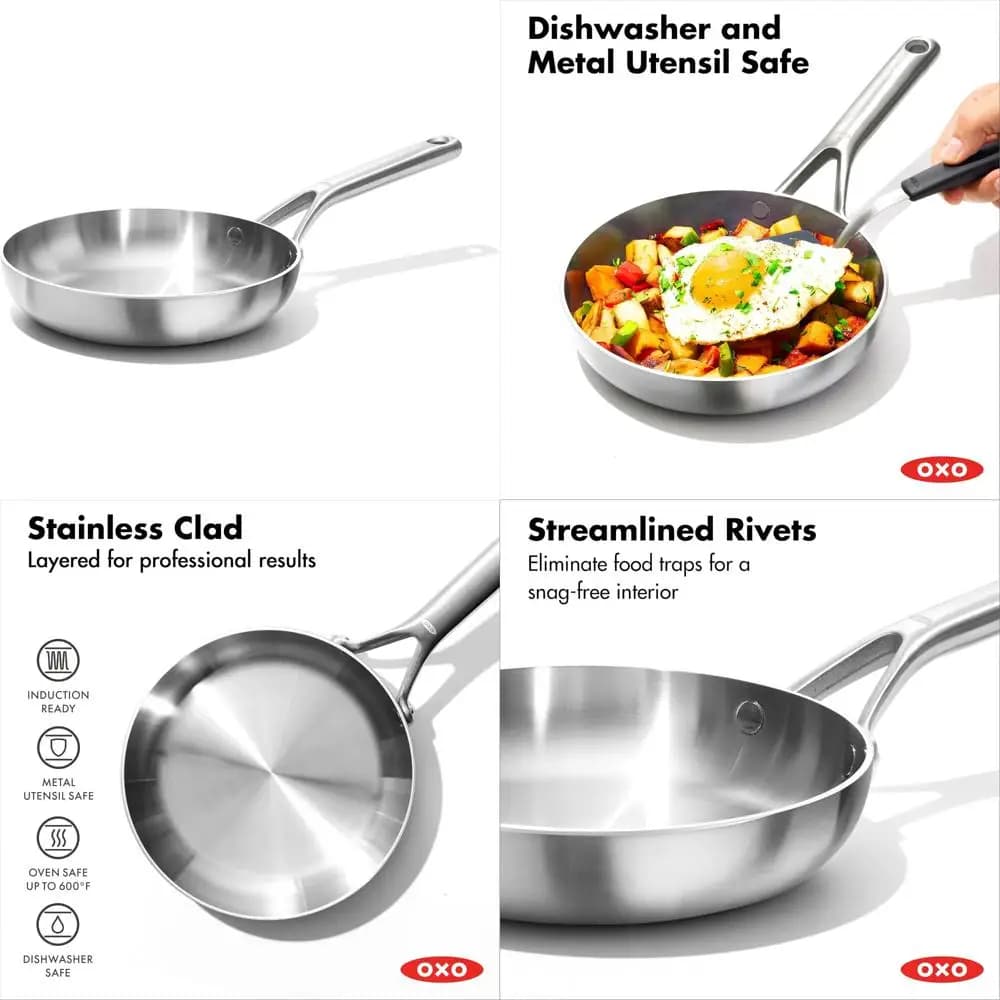 Padella multistrato da 8 pollici pronta a induzione in acciaio inossidabile, lavabile in lavastoviglie e utensili in metallo, padella per una cottura versatile